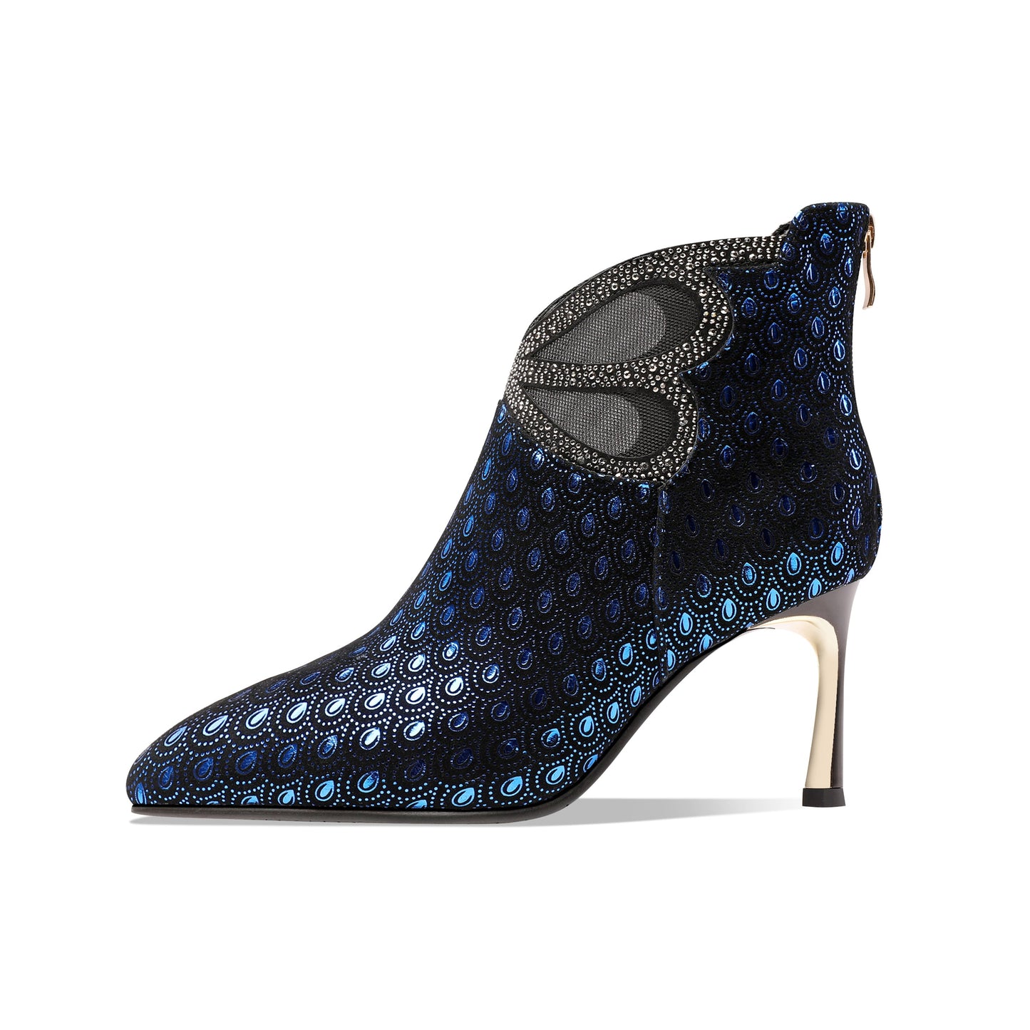 Nine Seven Women's Handmade Leather Metal Stiletto Heel Back Zip Up Pointed Toe Ankle Boots with Glitter Rhinestone