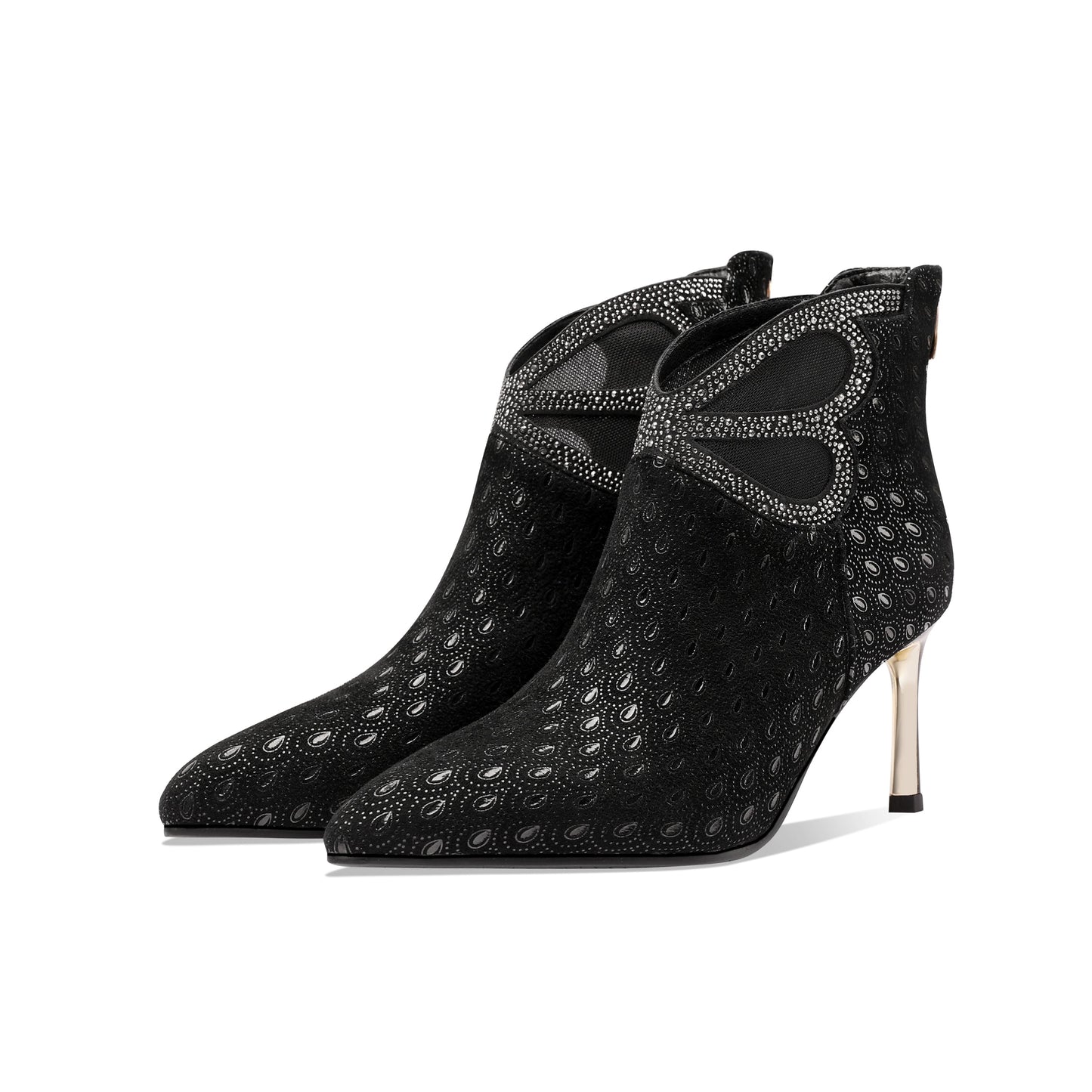 Nine Seven Women's Handmade Leather Metal Stiletto Heel Back Zip Up Pointed Toe Ankle Boots with Glitter Rhinestone