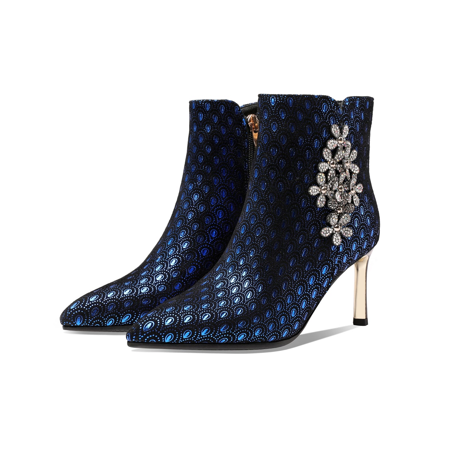 Nine Seven Women's Handmade Leather Sexy Metal Heel Side Zip Up Pointed Toe Ankle Boots with Rhinestone Flower