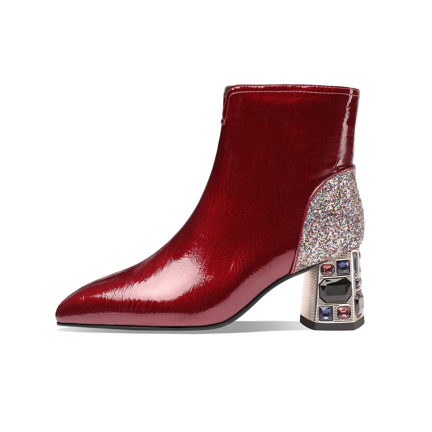 Nine Seven Women's Handmade Patent Leather Clear Pointed Toe Crystal Decor Chunky Heel Side Zip Sparkling Glitter Ankle Boots