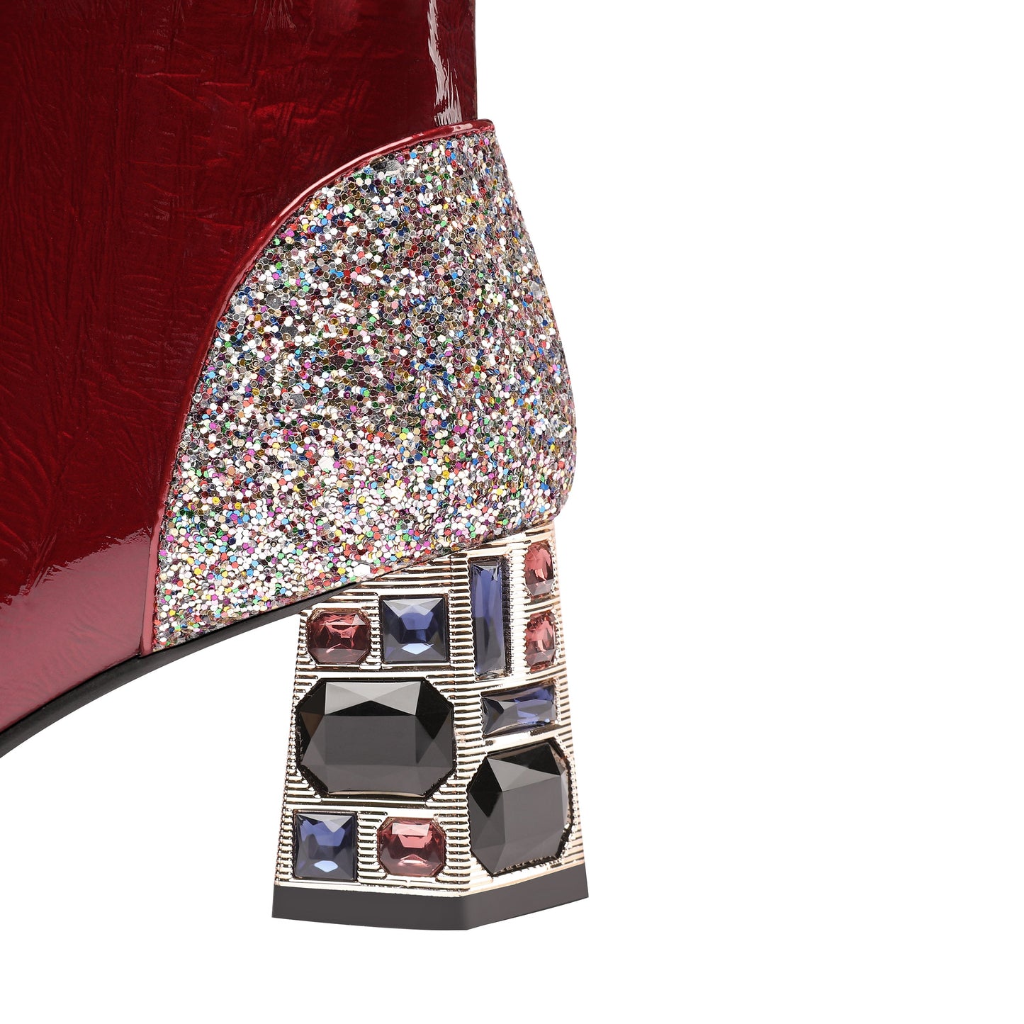 Nine Seven Women's Handmade Patent Leather Clear Pointed Toe Crystal Decor Chunky Heel Side Zip Sparkling Glitter Ankle Boots