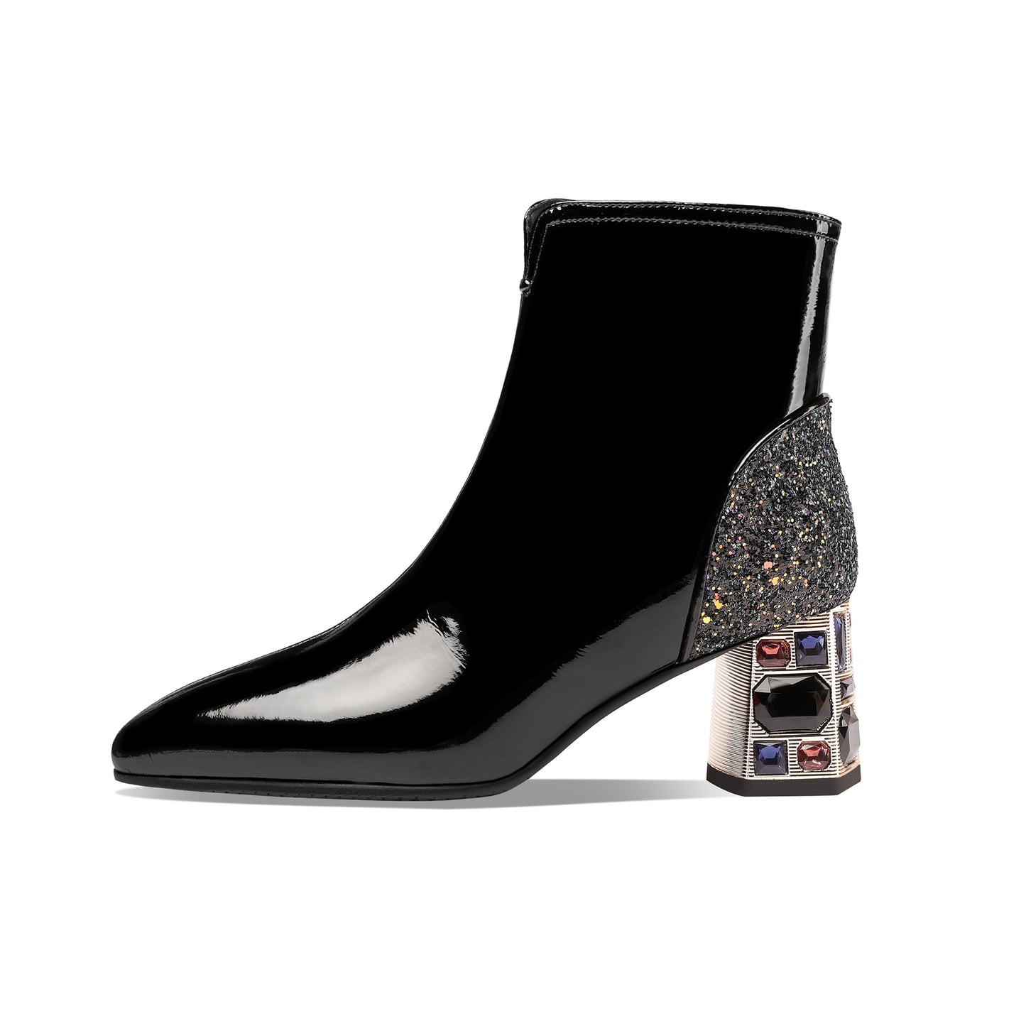 Nine Seven Women's Handmade Patent Leather Clear Pointed Toe Crystal Decor Chunky Heel Side Zip Sparkling Glitter Ankle Boots