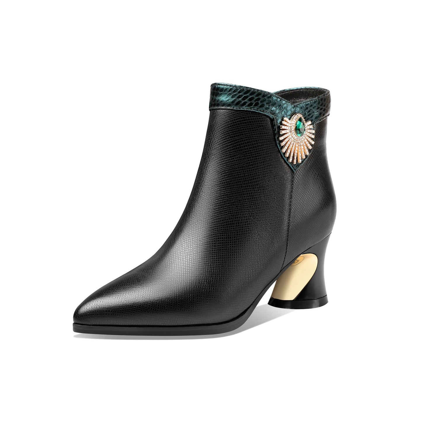 Nine Seven Women's Handmade Genuine Leather Pointed Toe Chunky Heel Side Zip Up Ankle Boots with Glitter Rhinestone