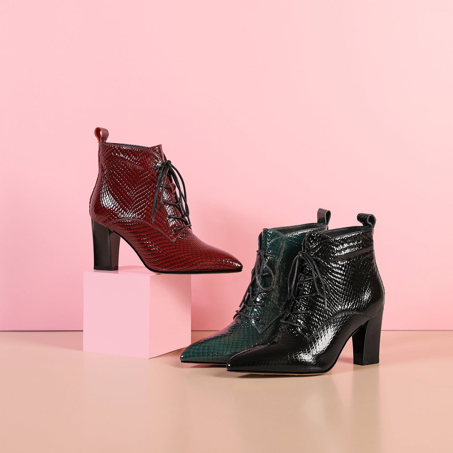 Nine Seven Women's Genuine Leather Handmade Pointed Toe Chunky Heel Lace Up Stylish Ankle Boots