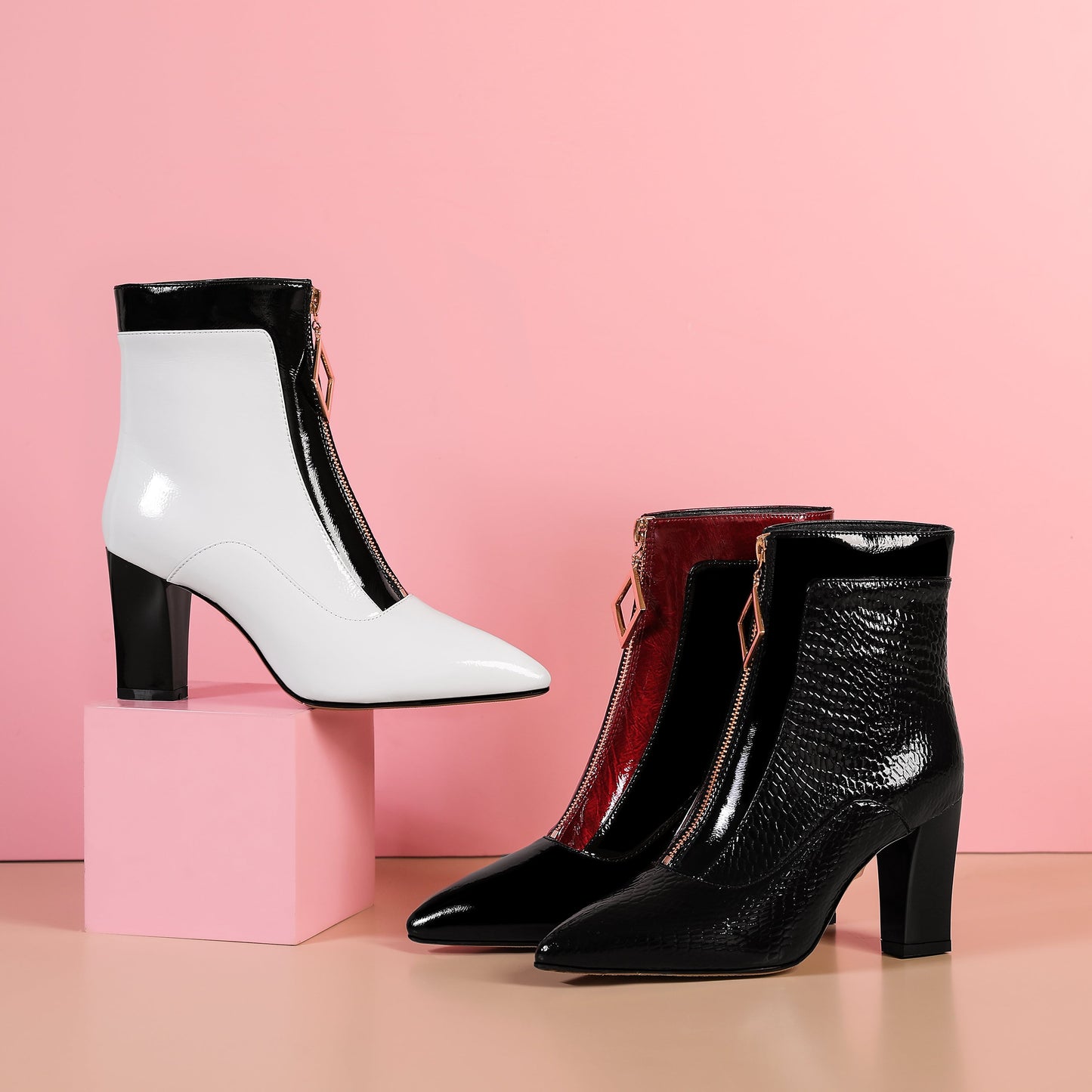 Nine Seven Women's Handmade Genuine Leather Clear Pointed Toe Chunky Heel Stylish Front Zip Ankle Booties