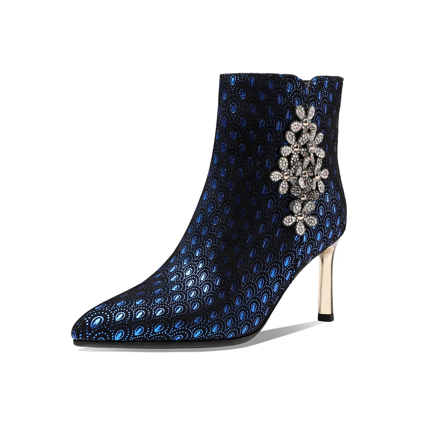 Nine Seven Women's Handmade Leather Sexy Metal Heel Side Zip Up Pointed Toe Ankle Boots with Rhinestone Flower