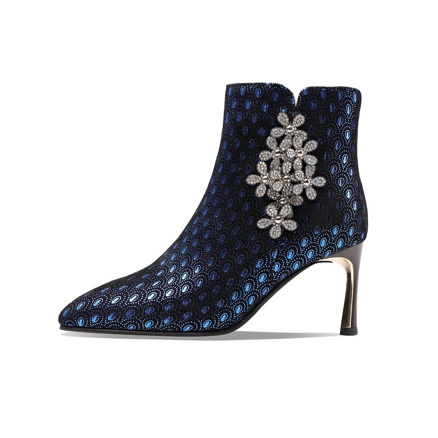 Nine Seven Women's Handmade Leather Sexy Metal Heel Side Zip Up Pointed Toe Ankle Boots with Rhinestone Flower