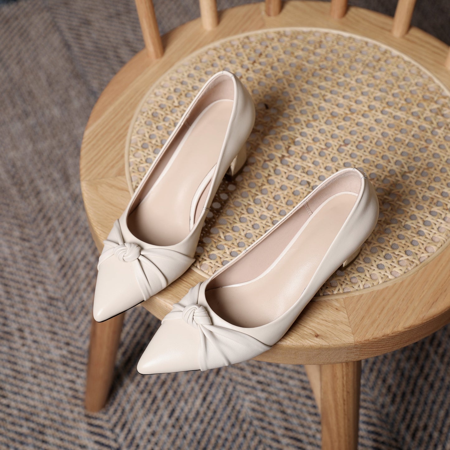 Nine Seven Women's Genuine Leather Pointed Toe Handmade Knot Décor Mid Chunky Heels Elegant Pumps Shoes