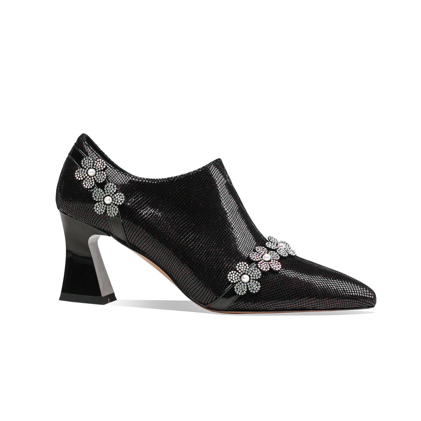 Nine Seven Women's Pointed Toe Genuine Leather Handmade Flower Décor Side Zip Up Mid Chunky Heels Shoes