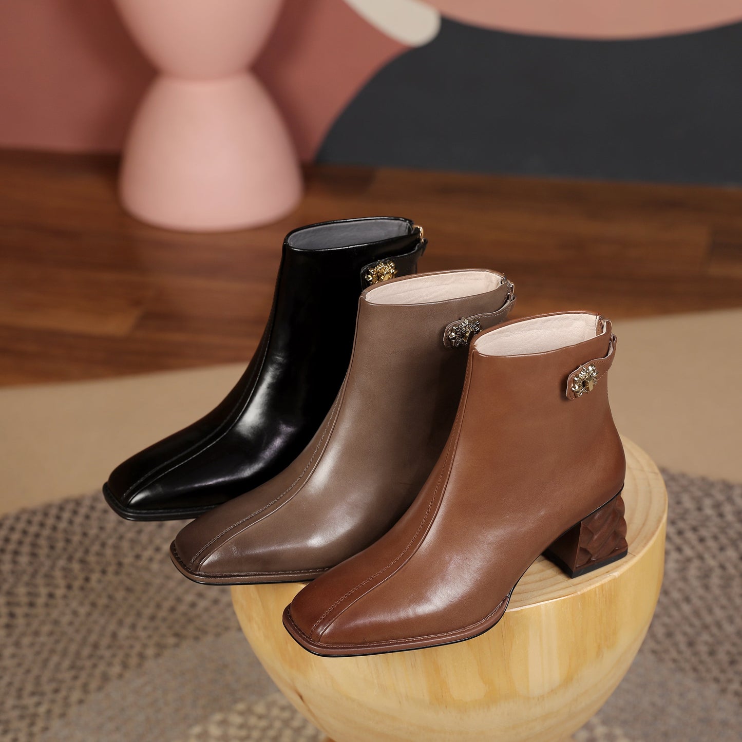 Nine Seven Women's Genuine Leather Square Toe Handmade Buckled Zipper Mid Chunky Heels Trendy Ankle Boots