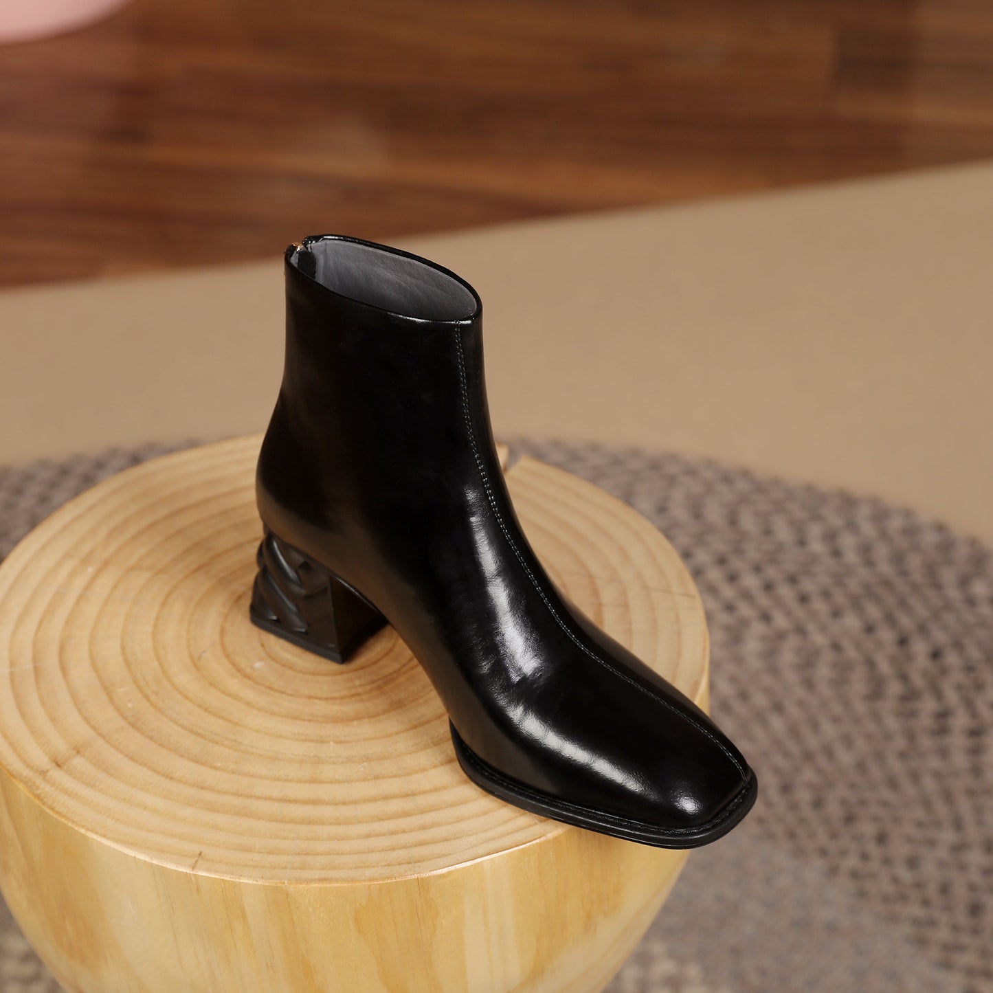 Nine Seven Women's Genuine Leather Square Toe Handmade Buckled Zipper Mid Chunky Heels Trendy Ankle Boots