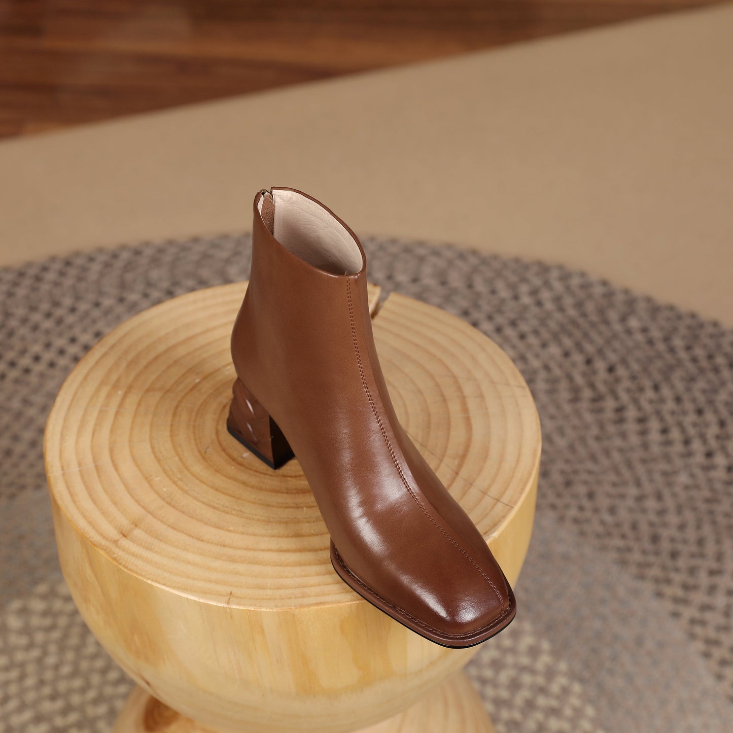 Nine Seven Women's Genuine Leather Square Toe Handmade Buckled Zipper Mid Chunky Heels Trendy Ankle Boots