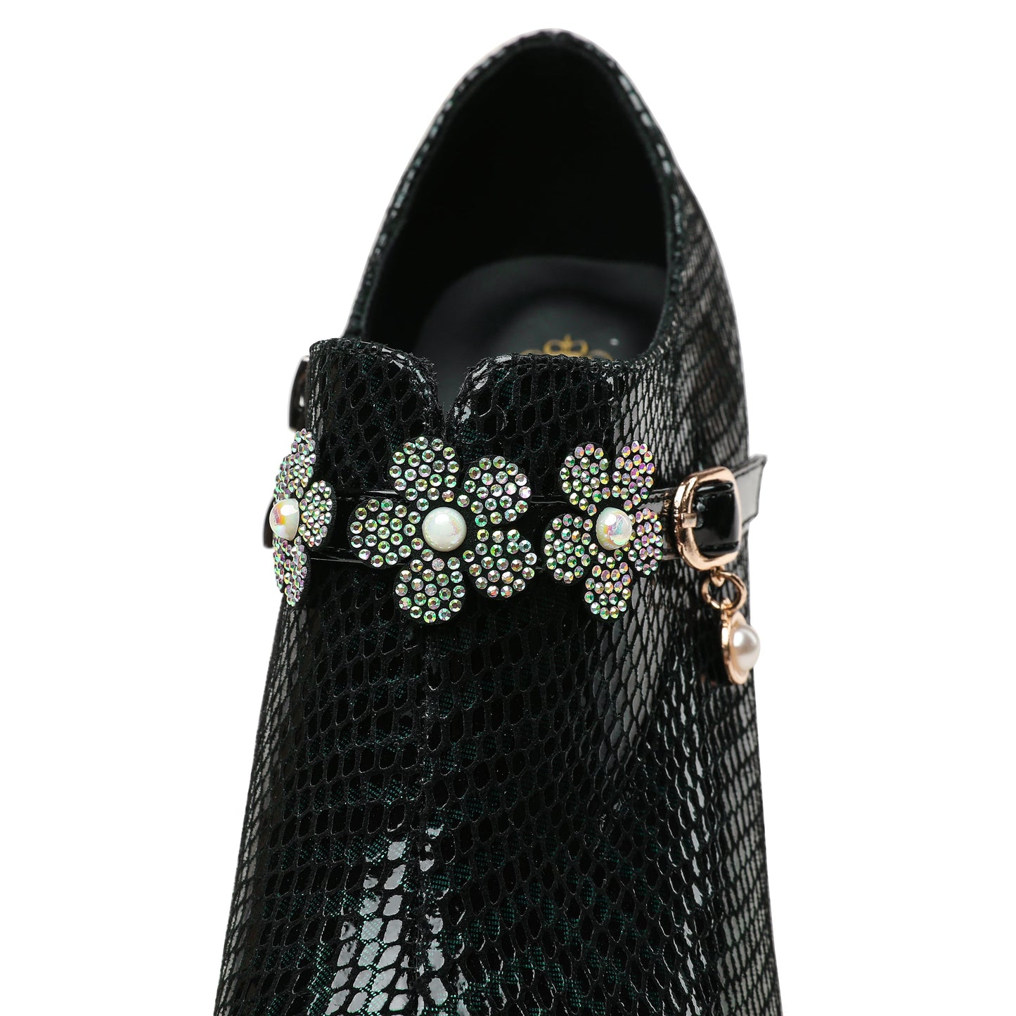 Nine Seven Printing Genuine Leather Women's Pointed Toe Handmade Flower Décor Side Zip Up Unique Mid Chunky Heels