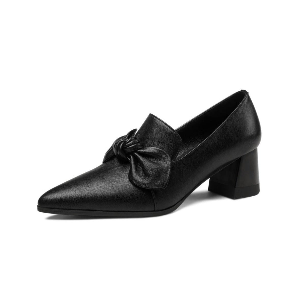 Nine Seven Handmade Women's Genuine Leather Bowknot Slip On Pointed Toe Mid Chunky Heel Pumps Shoes