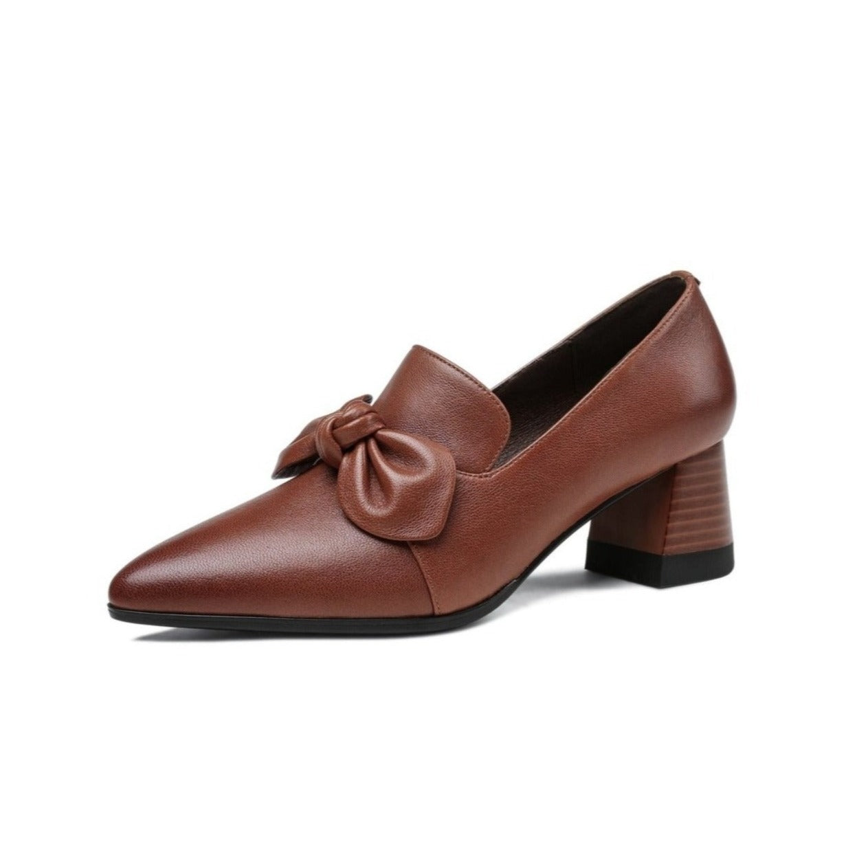 Nine Seven Handmade Women's Genuine Leather Bowknot Slip On Pointed Toe Mid Chunky Heel Pumps Shoes