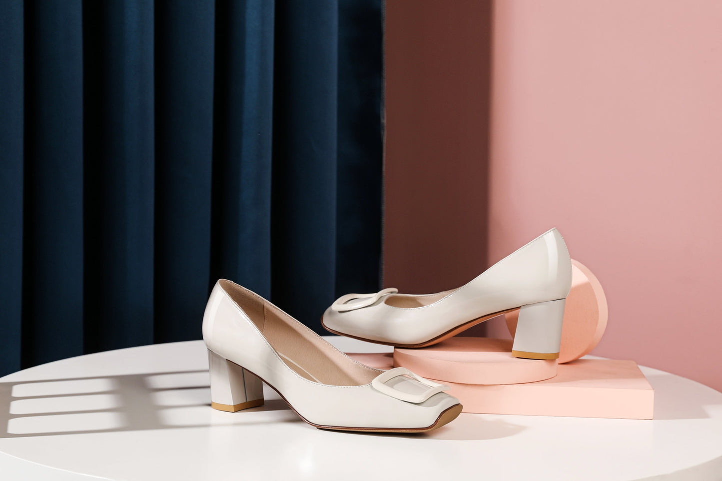 Nine Seven Women's Glossy Patent Leather Handmade Square Toe Comfortable Mid Chunky Heel Slip On Office Pumps with Square Pattern