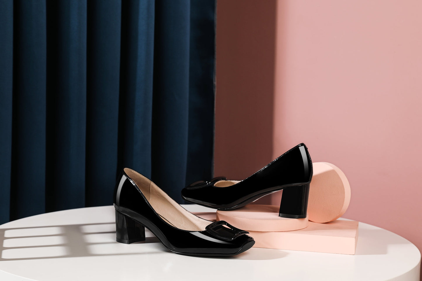 Nine Seven Women's Glossy Patent Leather Handmade Square Toe Comfortable Mid Chunky Heel Slip On Office Pumps with Square Pattern