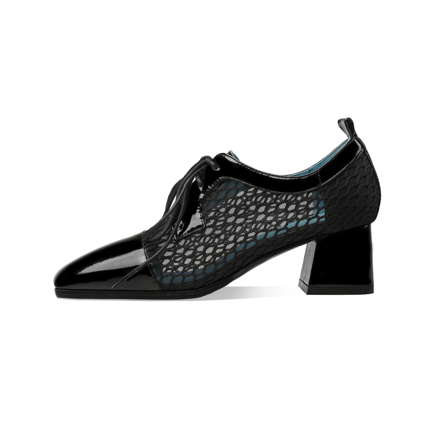 Nine Seven Women's Genuine Leather with Breathable Mesh Square Toe Handmade Lace-Up Low Chunky Heels Pumps Shoes