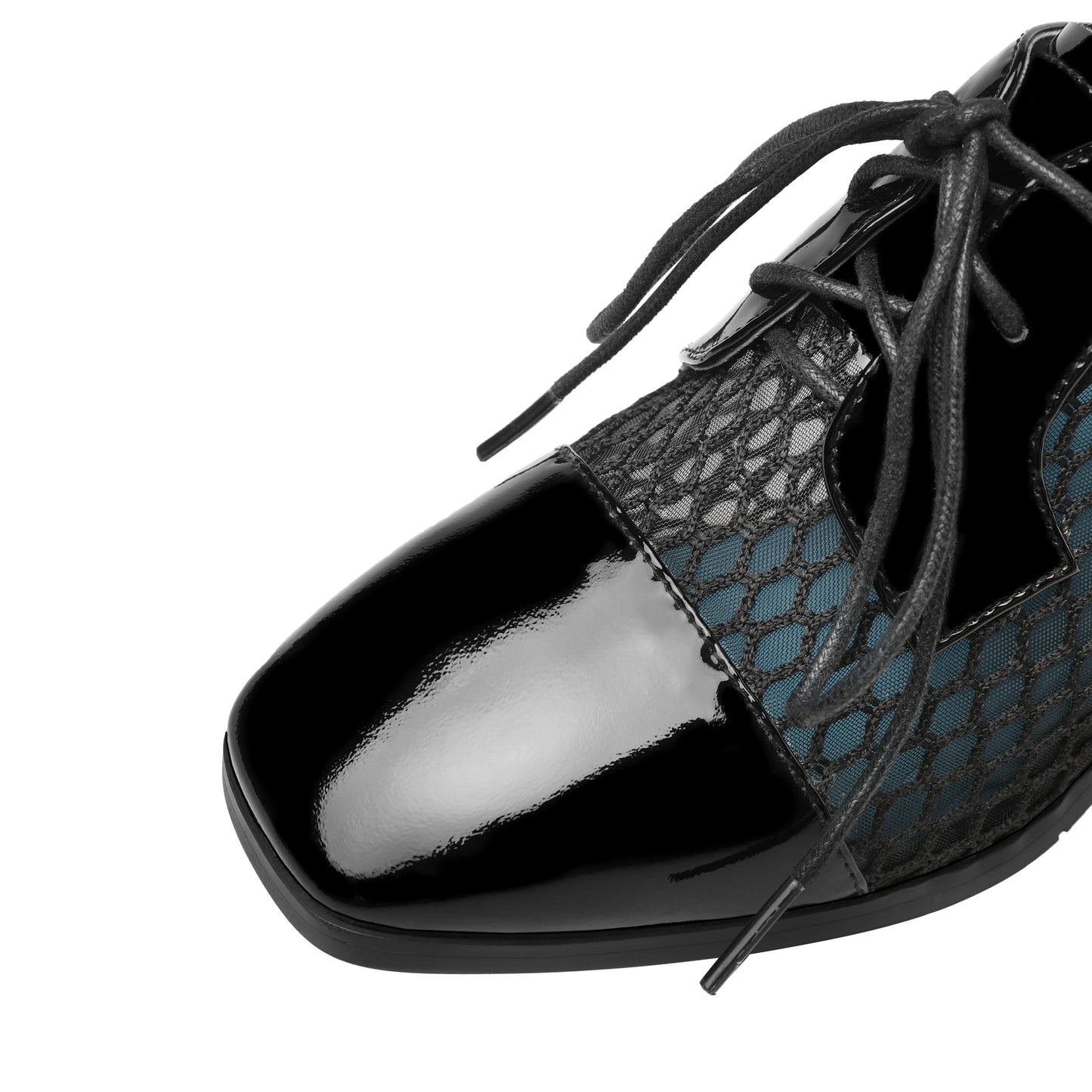 Nine Seven Women's Genuine Leather with Breathable Mesh Square Toe Handmade Lace-Up Low Chunky Heels Pumps Shoes