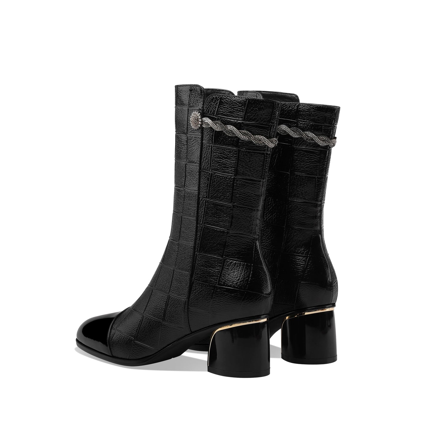 Nine Seven Women's Handmade Leather Side Zip Up Rhinestone Decor Chunky Heel Mid-Calf Boots with Glossy Cap-Toe
