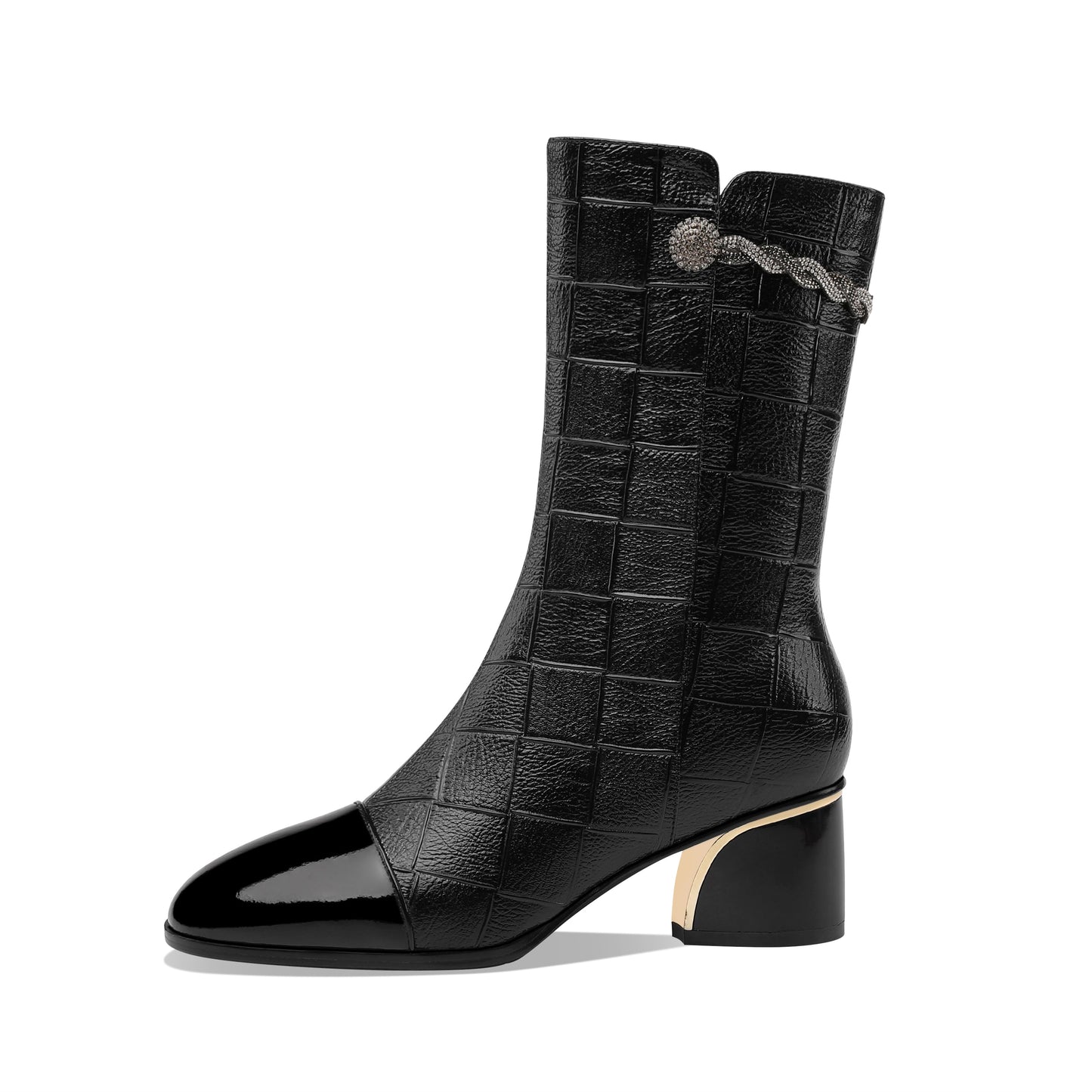 Nine Seven Women's Handmade Leather Side Zip Up Rhinestone Decor Chunky Heel Mid-Calf Boots with Glossy Cap-Toe