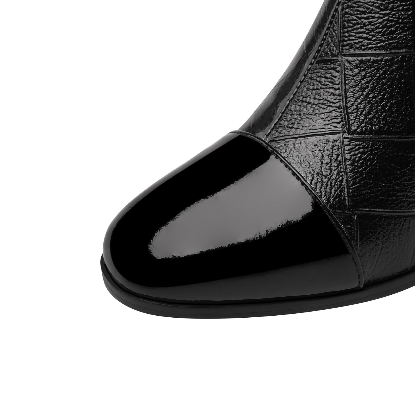 Nine Seven Women's Handmade Leather Side Zip Up Rhinestone Decor Chunky Heel Mid-Calf Boots with Glossy Cap-Toe