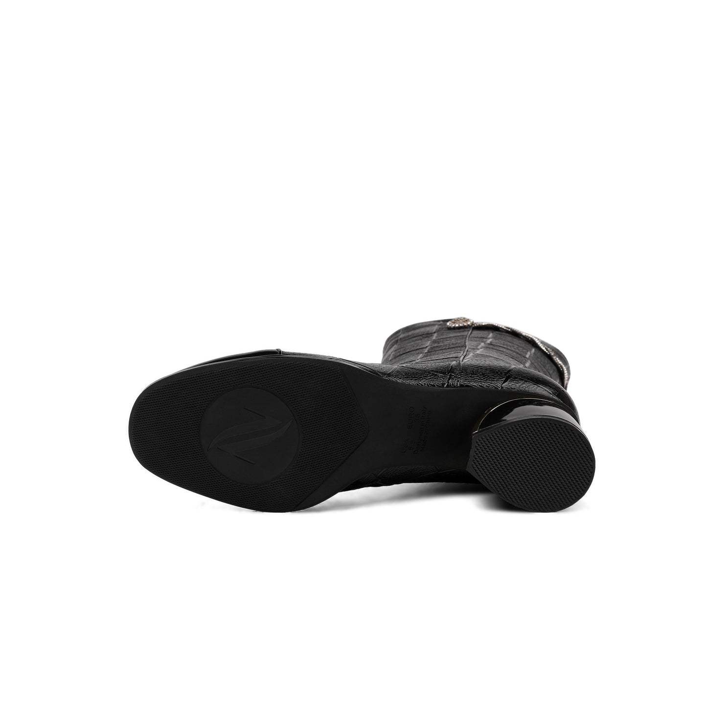 Nine Seven Women's Handmade Leather Side Zip Up Rhinestone Decor Chunky Heel Mid-Calf Boots with Glossy Cap-Toe