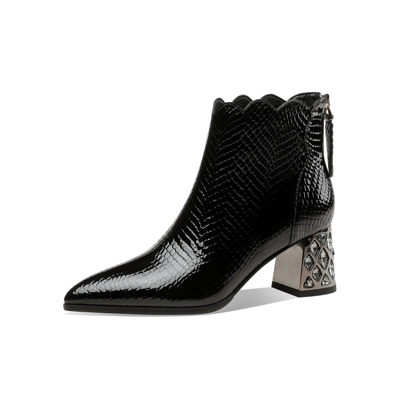 Nine Seven Handmade Women's Patent Leather Front Zipper Pointed Toe Mid Rhinestones Chunky Heel Ankle Boots