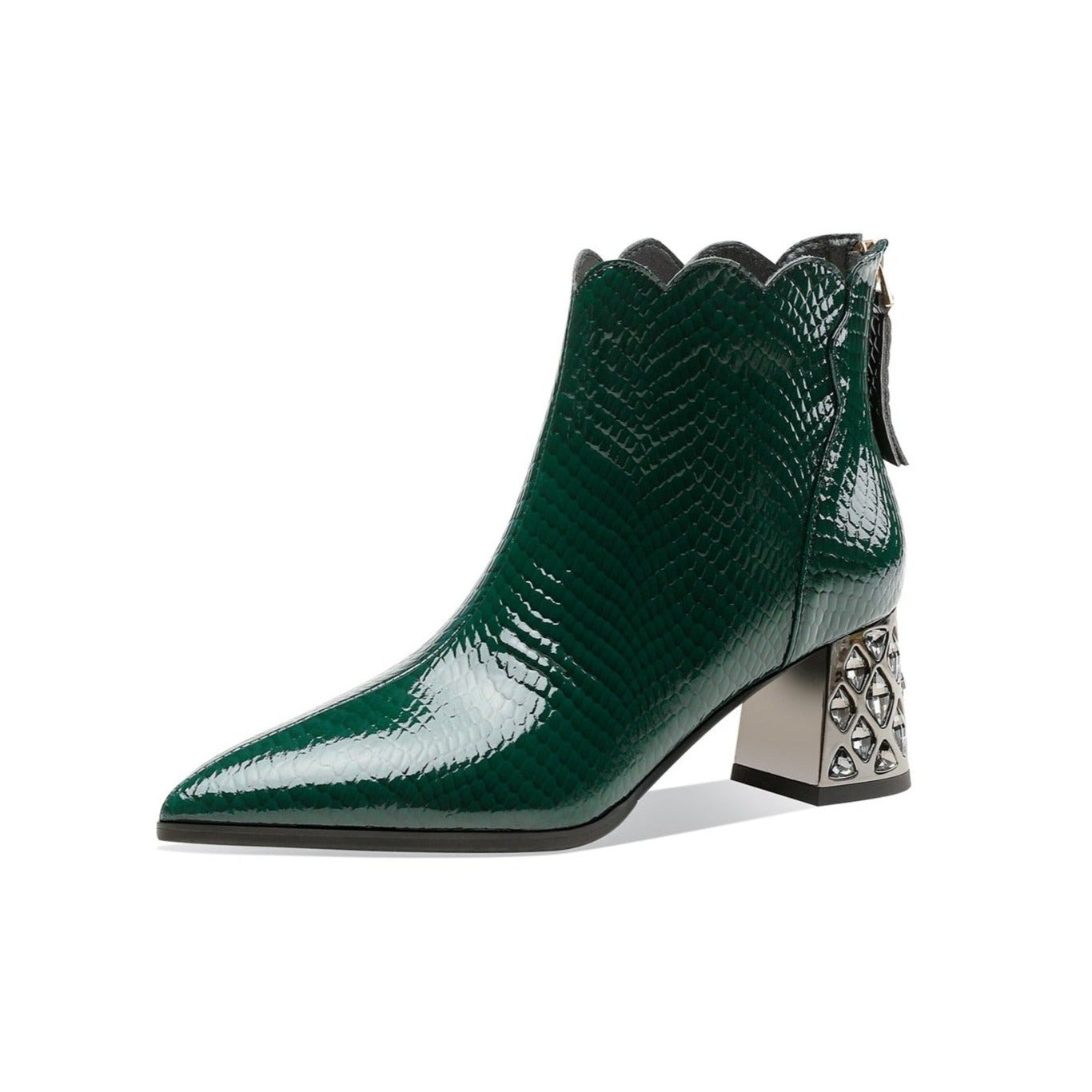 Nine Seven Handmade Women's Patent Leather Front Zipper Pointed Toe Mid Rhinestones Chunky Heel Ankle Boots