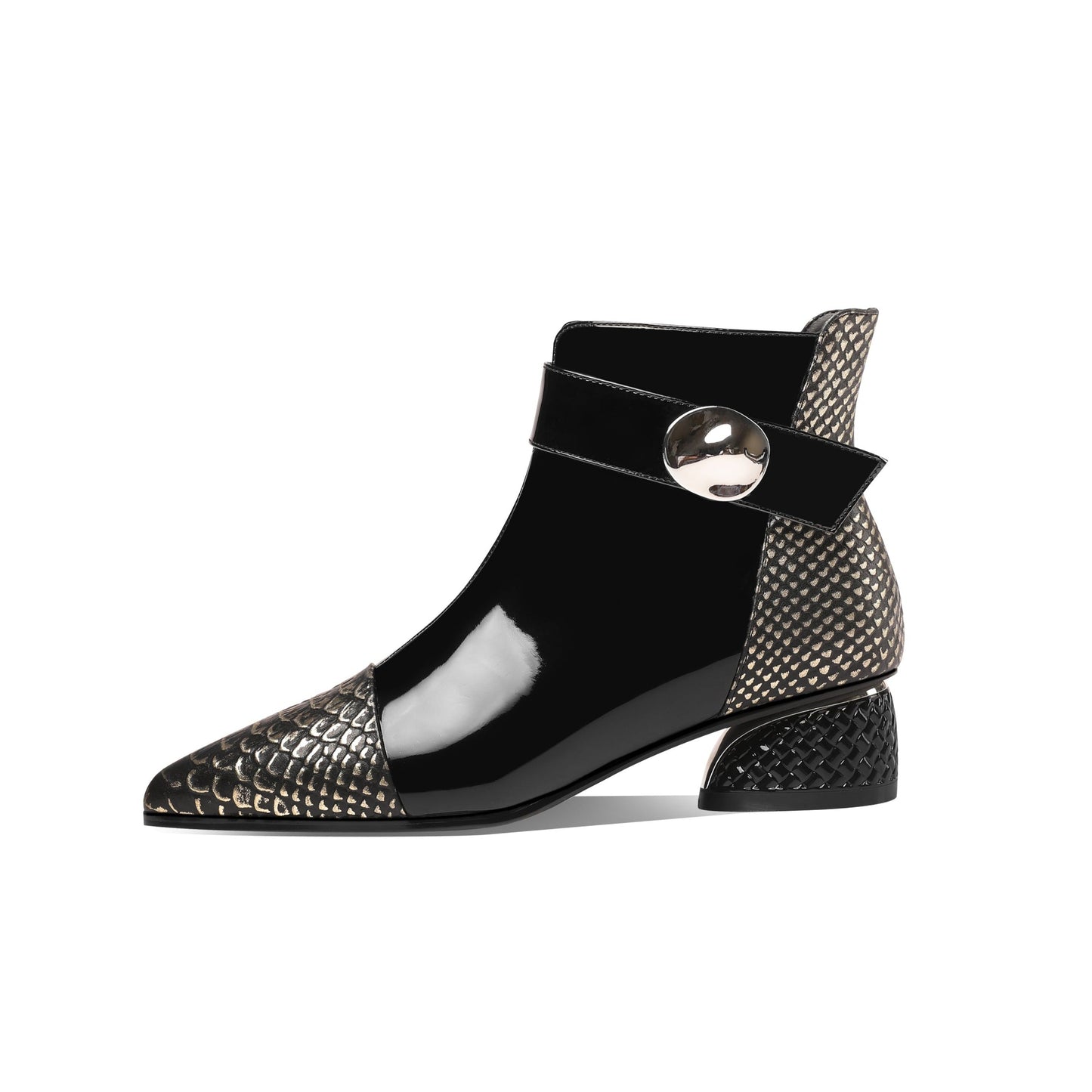 Nine Seven Women's Handmade Patent Leather Chunky Heel Side Zip Up Pointed Toe Belt Design Ankle Dress Booties