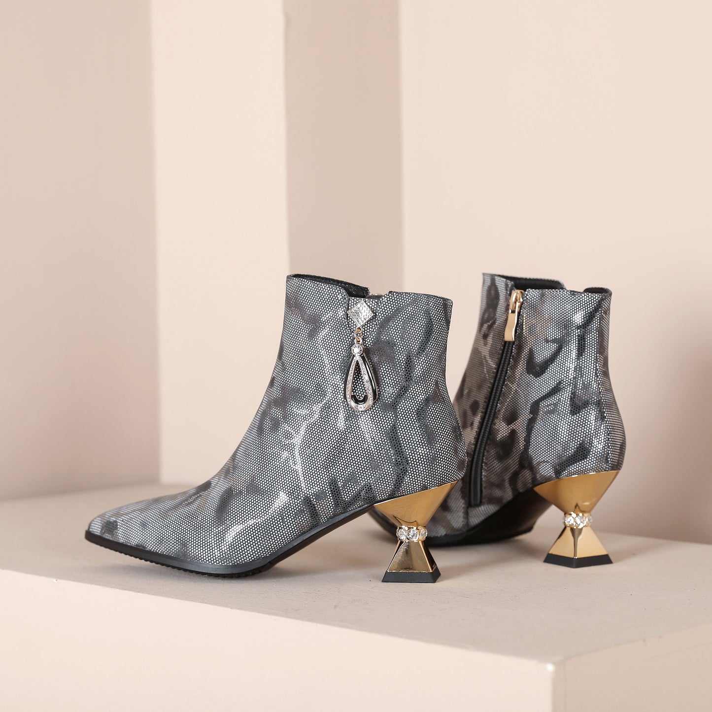 Nine Seven Handmade Women's Assorted Color Genuine Leather Rhinestones Printed Snakeskin Side Zipper Pointed Toe Mid Spool Heel Ankle Boots