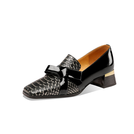 Nine Seven Women's Handmade Square Toe Low Chunky Heels Stylish Patent Leather Loafers Shoes with Bowknot