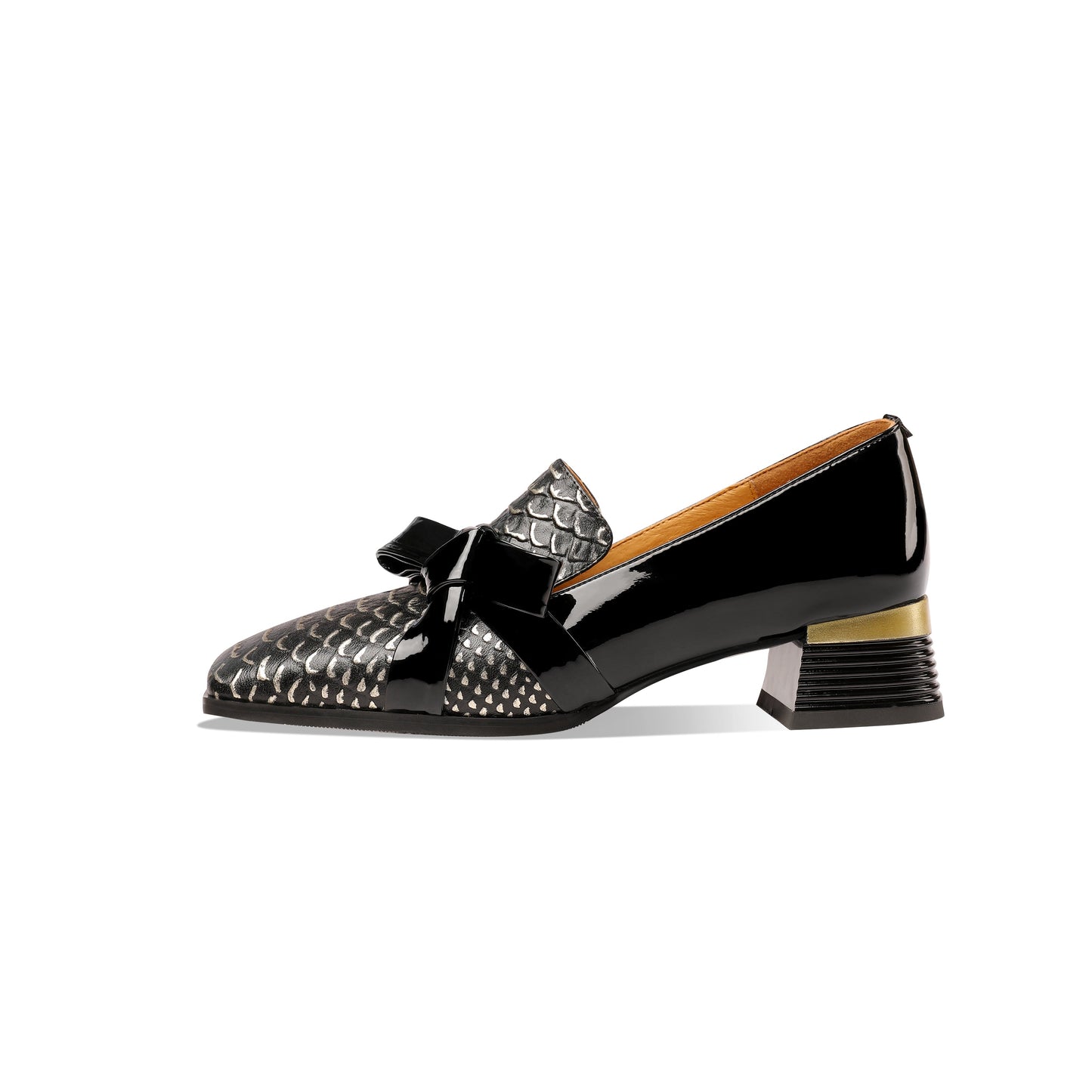 Nine Seven Women's Handmade Square Toe Low Chunky Heels Stylish Patent Leather Loafers Shoes with Bowknot