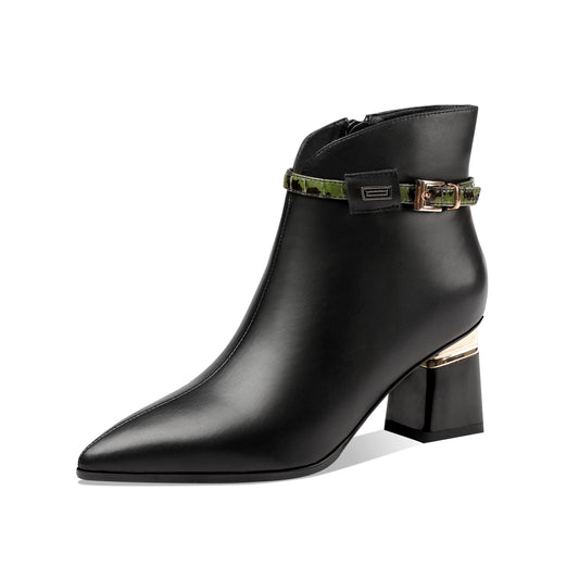 Nine Seven Genuine Leather Women's Handmade Side Zip Up Green Belt Design Chunky Heel Black Ankle Booties