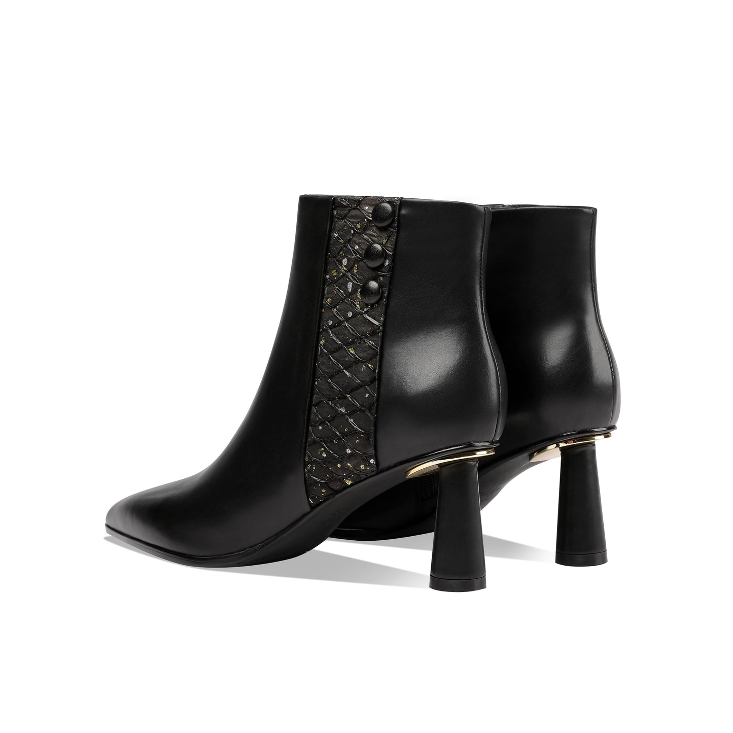 Nine Seven Women's Genuine Leather Handmade Side Zip Up Elegant Cone Heel Button Decor Black Ankle Boots