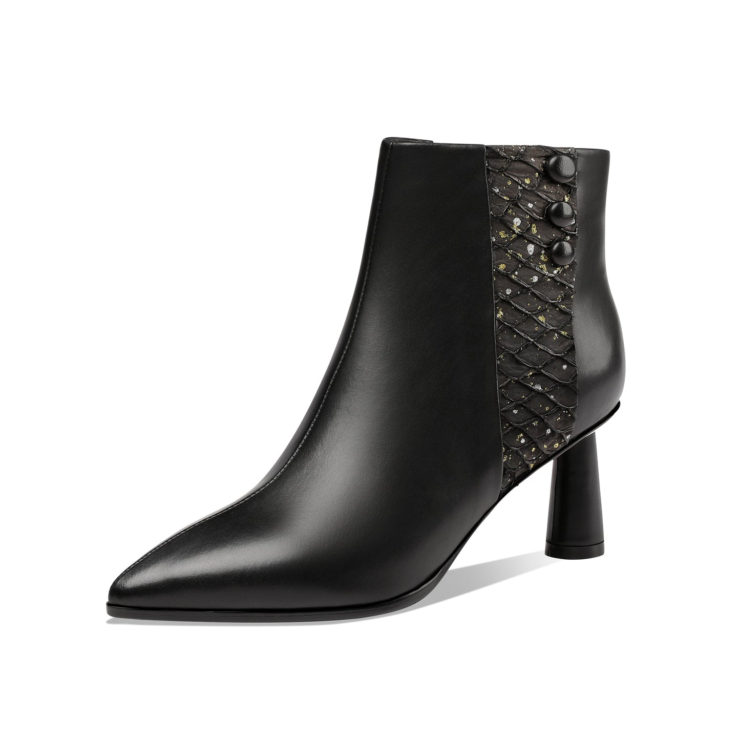 Nine Seven Women's Genuine Leather Handmade Side Zip Up Elegant Cone Heel Button Decor Black Ankle Boots