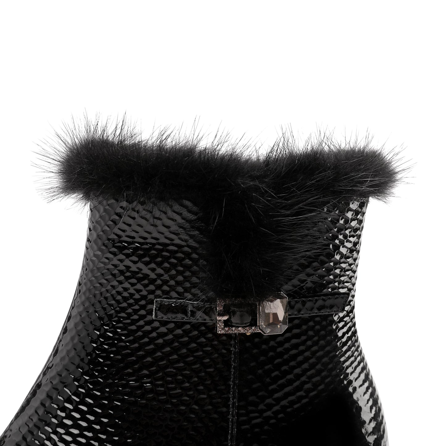 Nine Seven Women's Patent Leather Handmade Side Zip Up Block Heel Black Ankle Booties with Fur and Glitter Buckle Decor