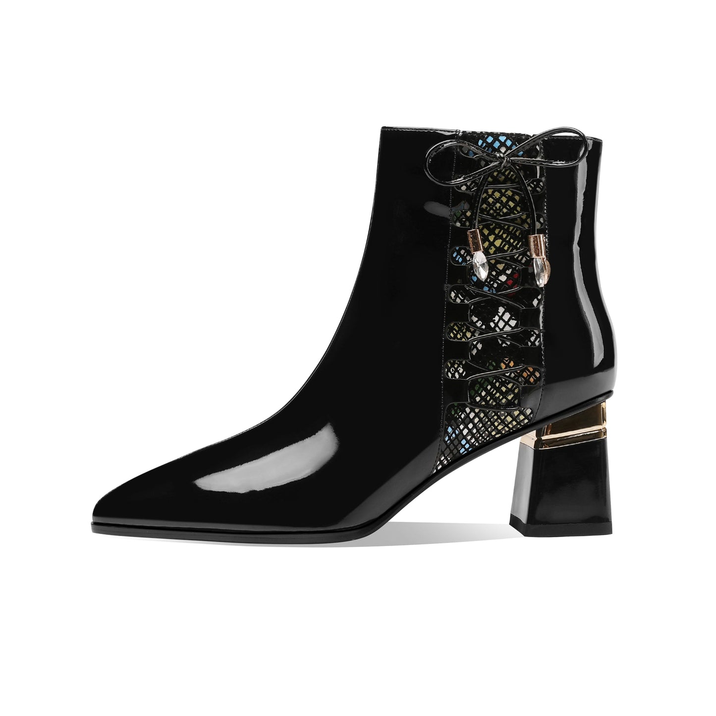 Nine Seven Women's Handmade Patent Leather Side Zip Up Cute Bowtie Chunky Heel Black Ankle Boots