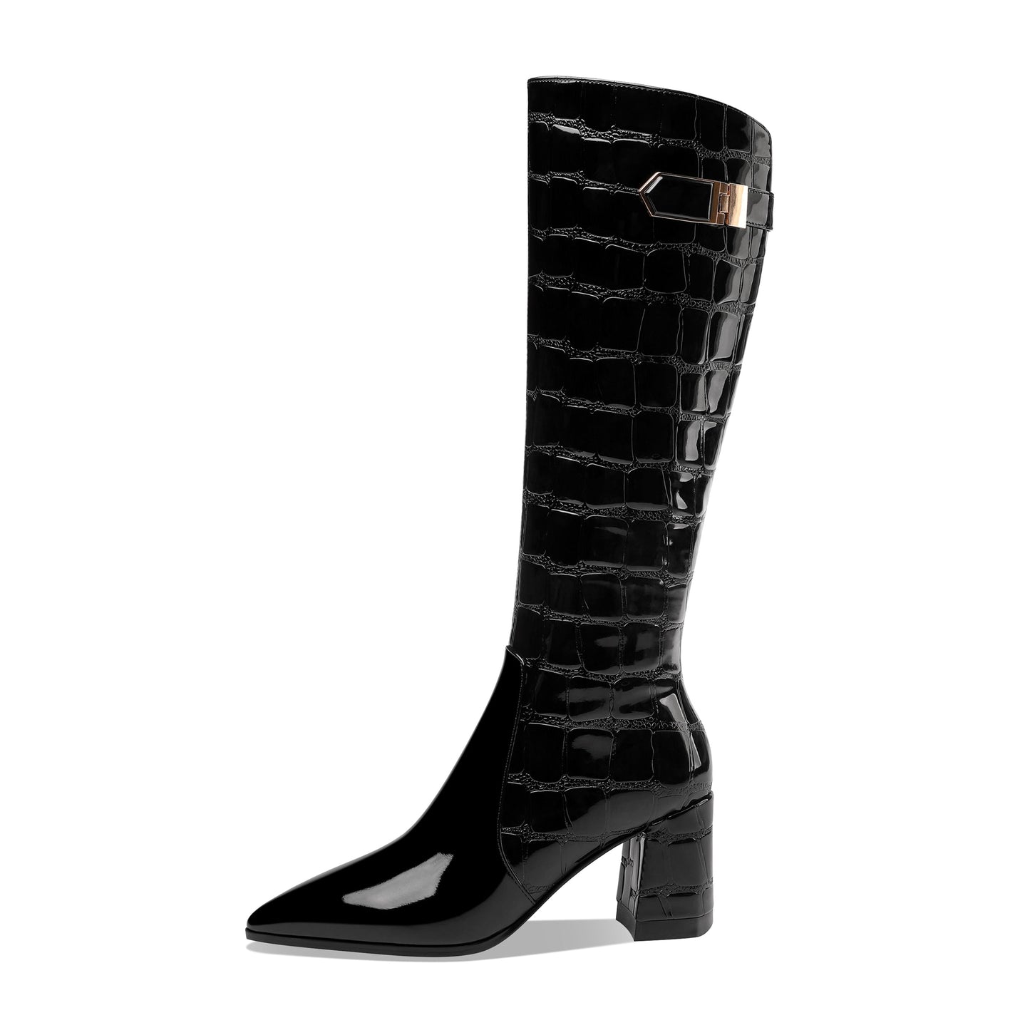 Nine Seven Handmade Women's Patent Leather Pointed Toe Side Zip Up Block Heel Classic Black Knee High Boots with Chic Buckle