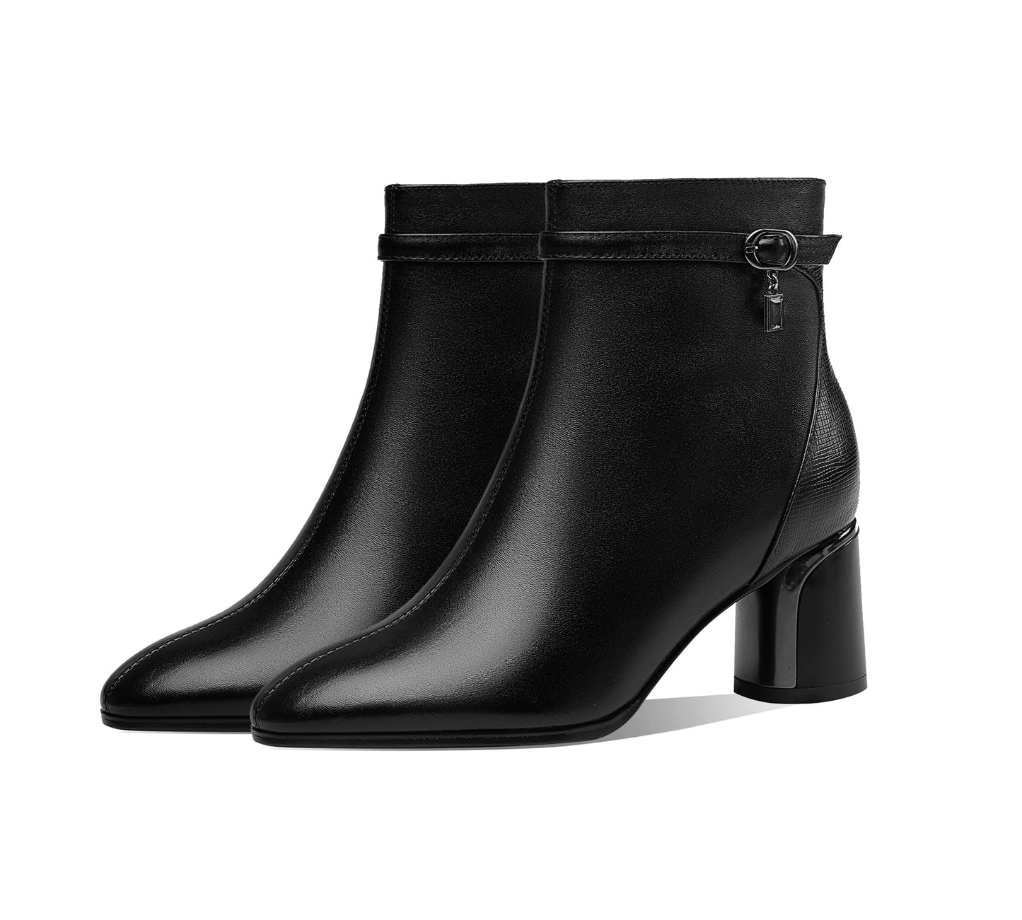 Nine Seven Handmade Women's Genuine Leather Ankle Belt Pointed Toe Side Zipper Mid Chunky Heel Ankle Boots