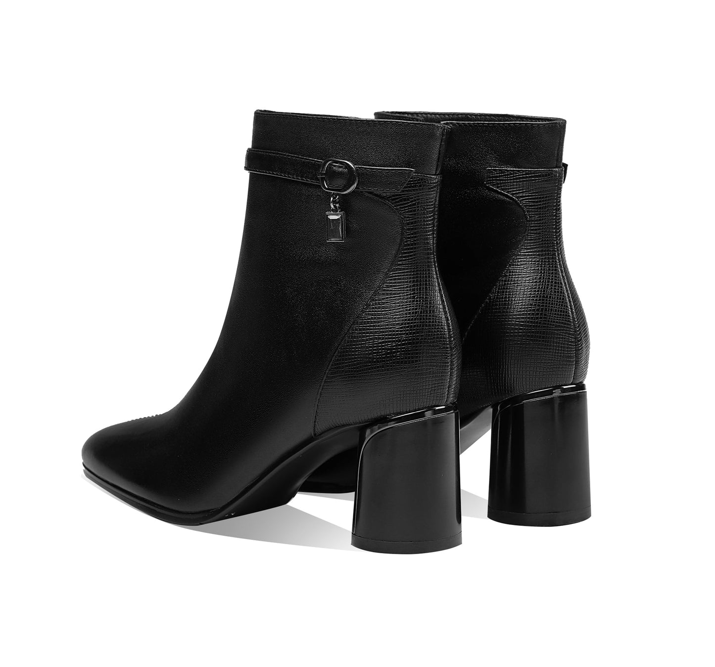 Nine Seven Handmade Women's Genuine Leather Ankle Belt Pointed Toe Side Zipper Mid Chunky Heel Ankle Boots