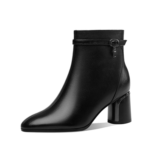 Nine Seven Handmade Women's Genuine Leather Ankle Belt Pointed Toe Side Zipper Mid Chunky Heel Ankle Boots