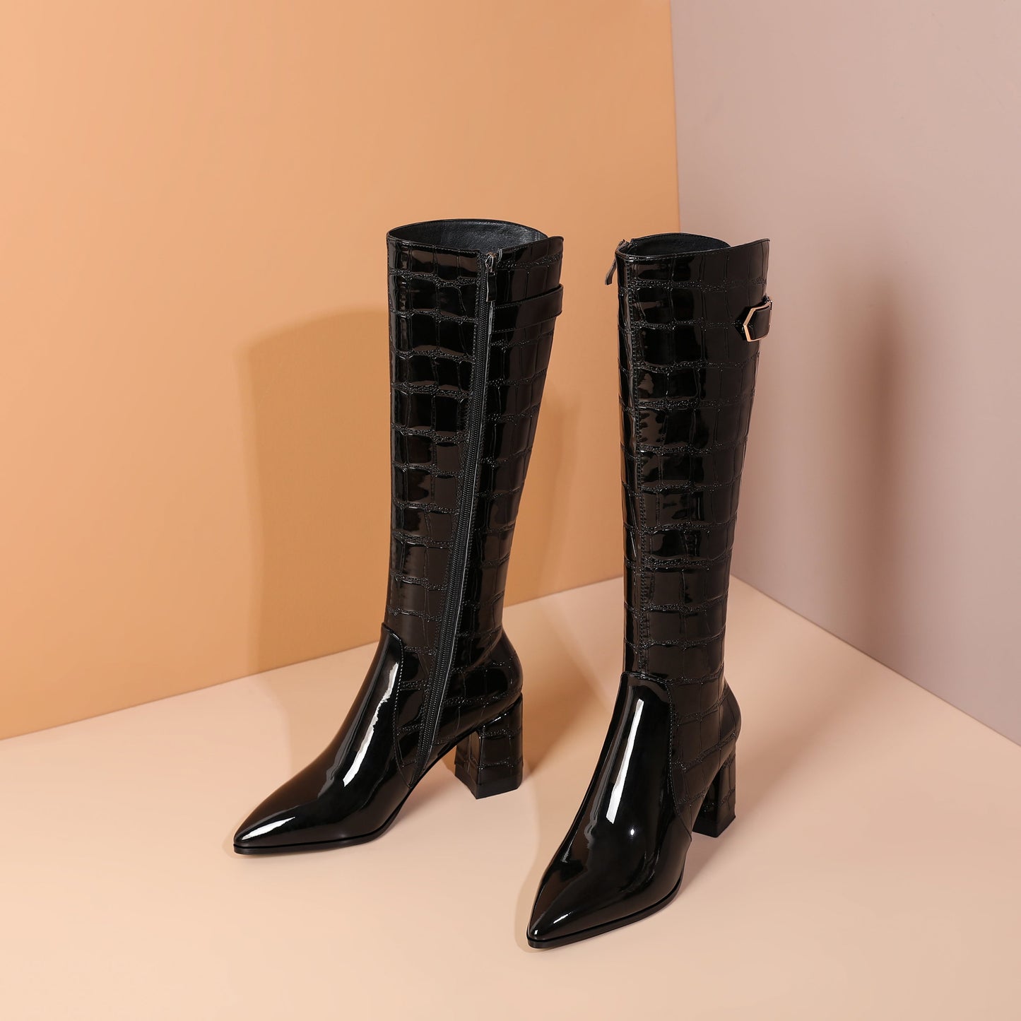 Nine Seven Handmade Women's Patent Leather Pointed Toe Side Zip Up Block Heel Classic Black Knee High Boots with Chic Buckle