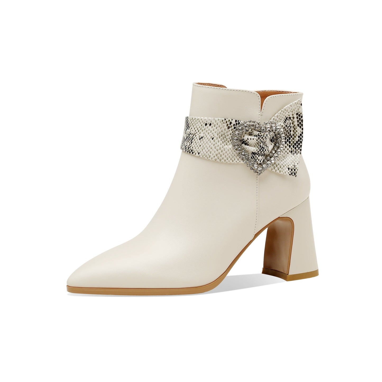 Nine Seven Handmade Women's Genuine Leather Rhinestone Heart Décor Pointed Toe Mid Chunky Heel Side Zipper Ankle Boots