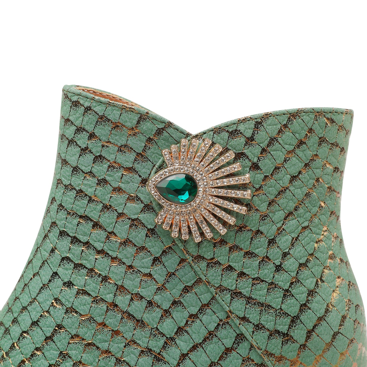 Nine Seven Handmade Women's Genuine Leather Sexy Rhinestones Printed Side Zipper Pointed Toe Mid Spool Heel Ankle Boots