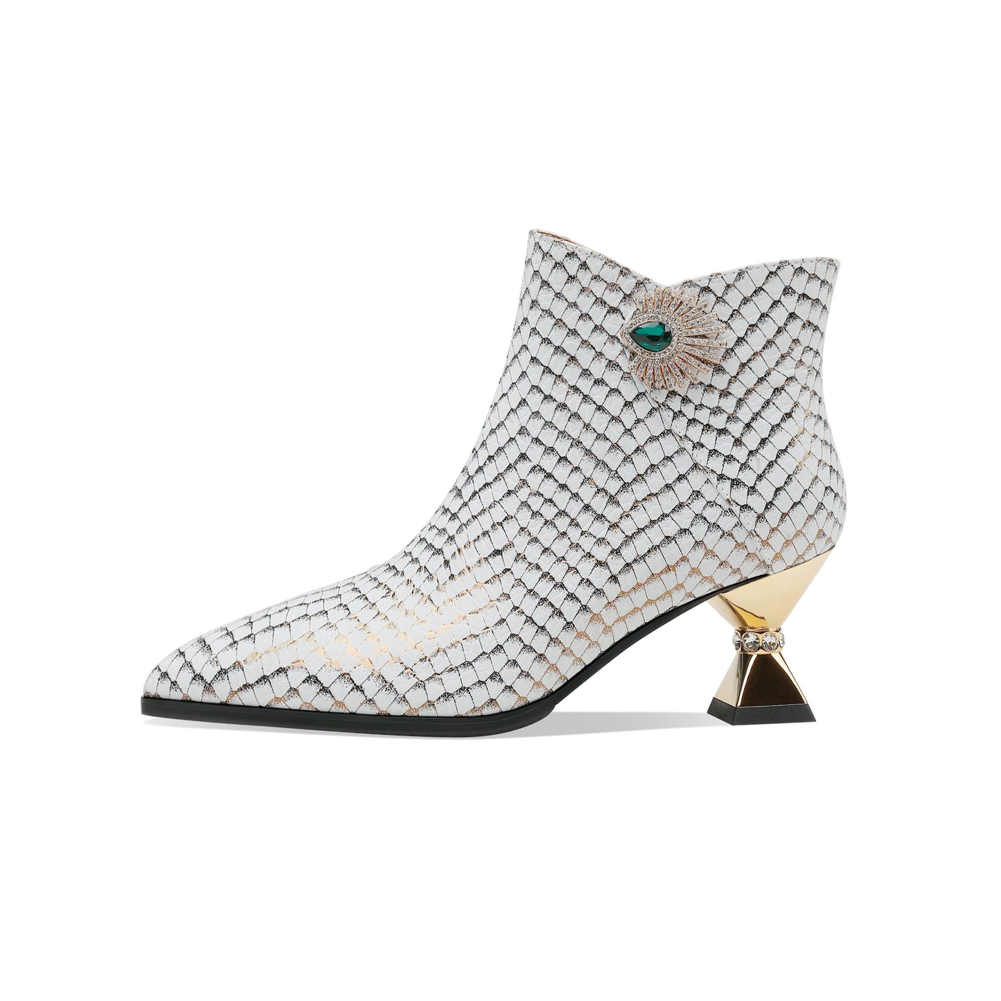 Nine Seven Handmade Women's Genuine Leather Sexy Rhinestones Printed Side Zipper Pointed Toe Mid Spool Heel Ankle Boots