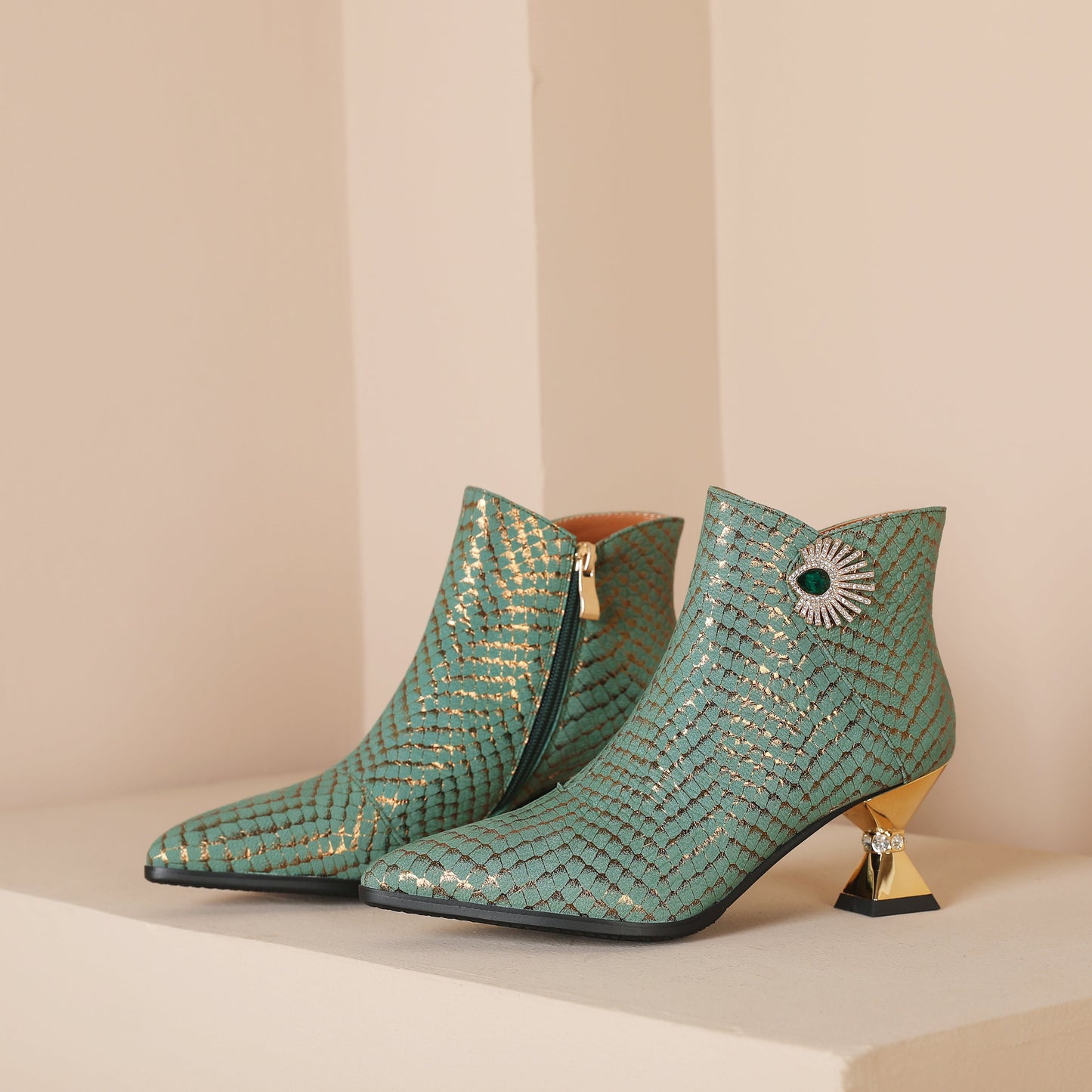 Nine Seven Handmade Women's Genuine Leather Sexy Rhinestones Printed Side Zipper Pointed Toe Mid Spool Heel Ankle Boots