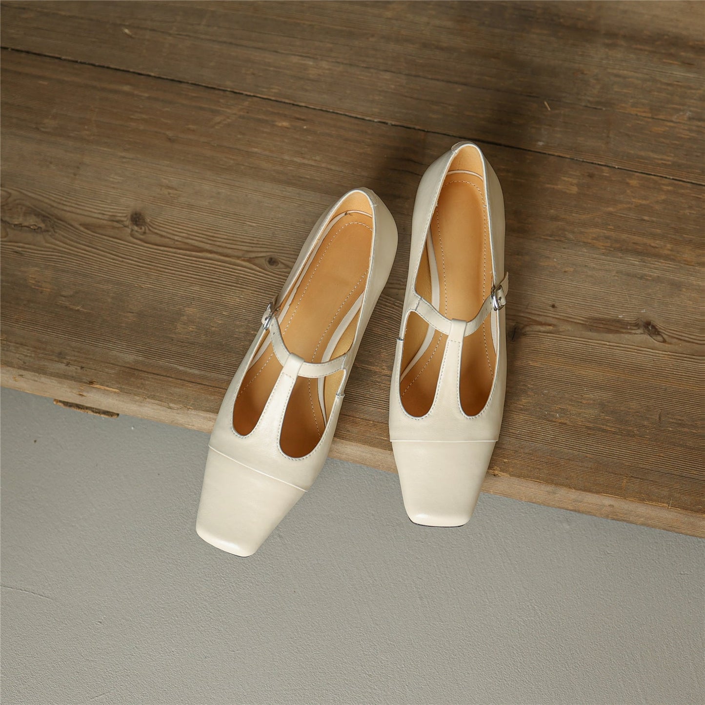 Nine Seven Women's Square Toe Handmade T-Strap Genuine Leather Low Chunky Heel Vintage Pumps Shoes