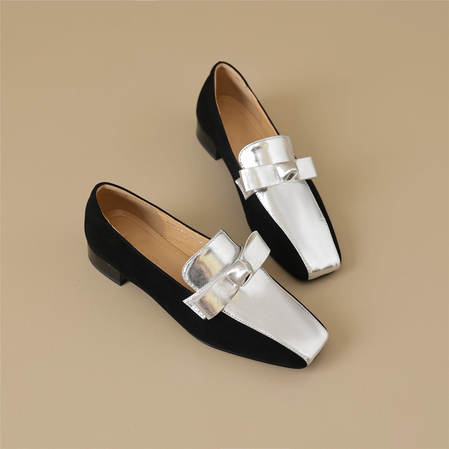 Nine Seven Handmade Women's Leather Slip On Square Toe Bowtie Chunky Heel Flats Shoes