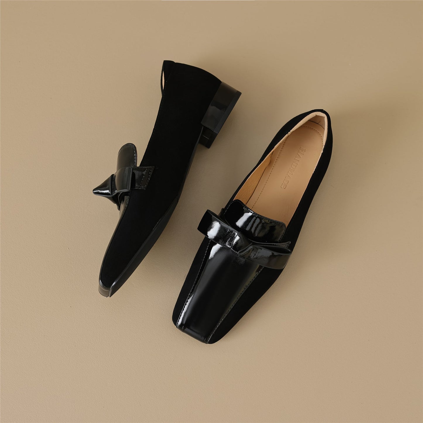 Nine Seven Handmade Women's Leather Slip On Square Toe Bowtie Chunky Heel Flats Shoes